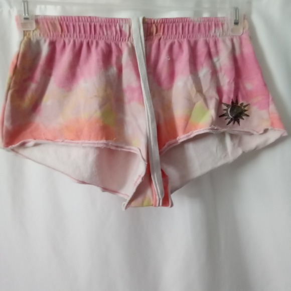 Hard Candy Pants - Hard Candy Pink Tie Dye Sun Graphic Lounge Shorts Women Medium Raw Hem Boho Y2K